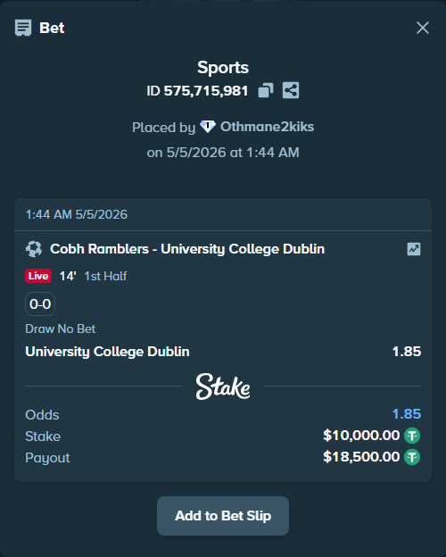 Bet slip: Cobh Ramblers - University College Dublin, $10,000.00 stake at 1.85 odds, placed by Othmane2kiks