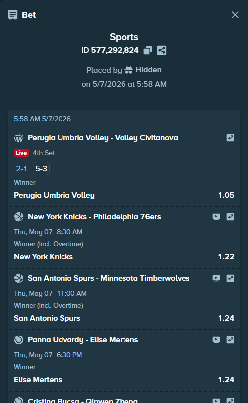 Bet slip: Coco Gauff - Tereza Valentova, $10,000.00 stake at 1.27 odds, placed by Hidden