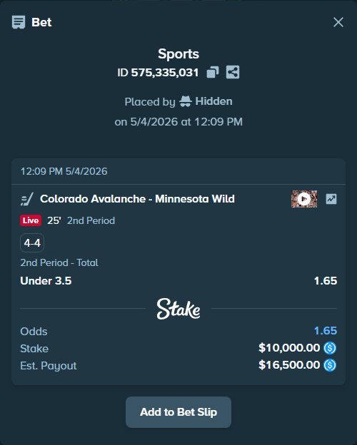 Bet slip: Colorado Avalanche - Minnesota Wild, $10,000.00 stake at 1.65 odds, placed by Hidden