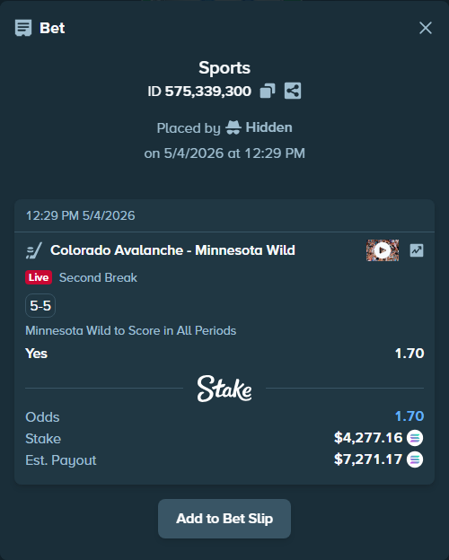 Bet slip: Colorado Avalanche - Minnesota Wild, $10,000.00 stake at 1.70 odds, placed by Hidden