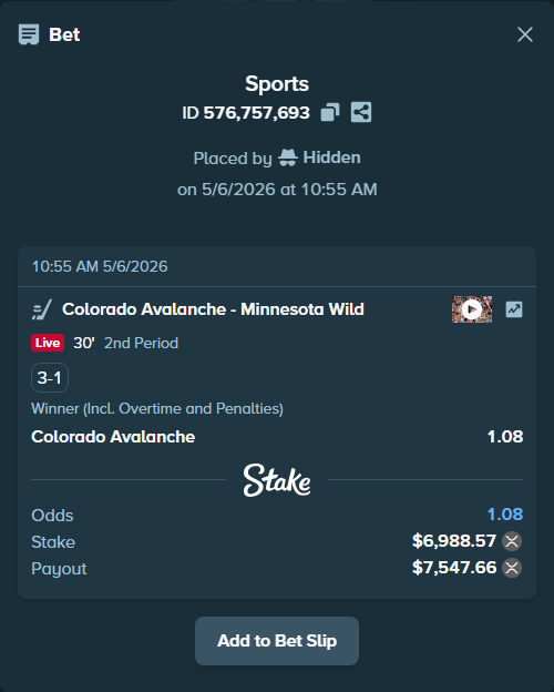 Bet slip: Colorado Avalanche - Minnesota Wild, $12,375.02 stake at 1.08 odds, placed by Hidden