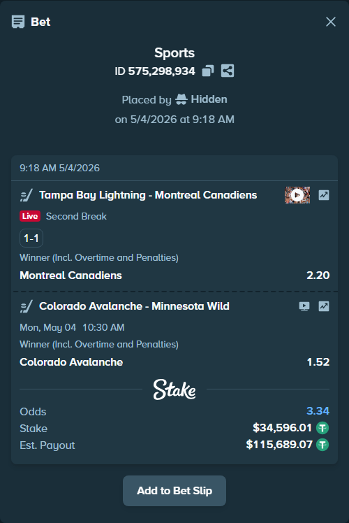 Bet slip: Colorado Avalanche - Minnesota Wild, $34,596.01 stake at 1.52 odds, placed by Hidden