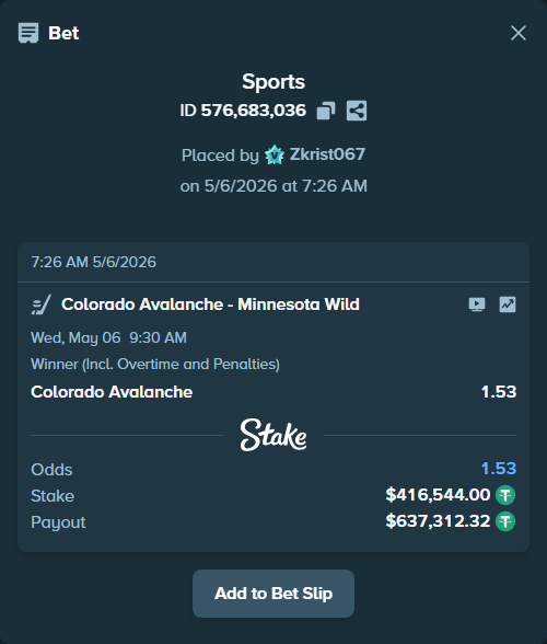 Bet slip: Colorado Avalanche - Minnesota Wild, $416,544.00 stake at 1.53 odds, placed by Zkrist067