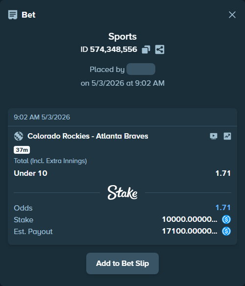 Bet slip: Colorado Rockies - Atlanta Braves, $10,000.00 stake at 1.71 odds, placed by dillonbook