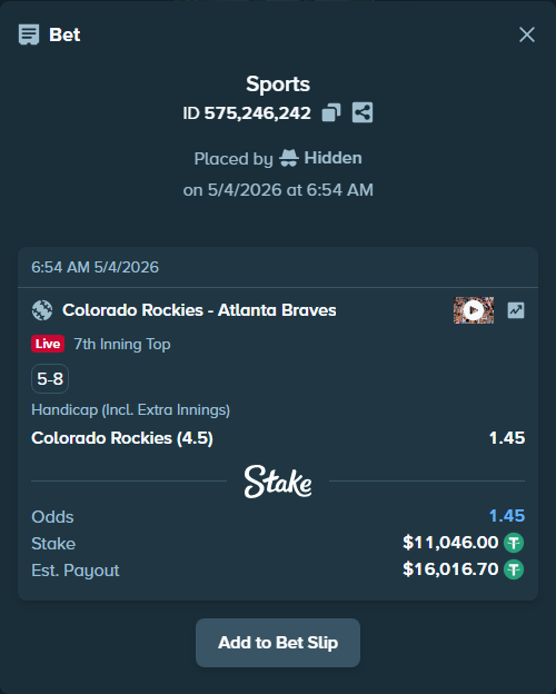 Bet slip: Colorado Rockies - Atlanta Braves, $11,046.00 stake at 1.45 odds, placed by Hidden