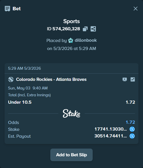 Bet slip: Colorado Rockies - Atlanta Braves, $17,741.13 stake at 1.72 odds, placed by dillonbook