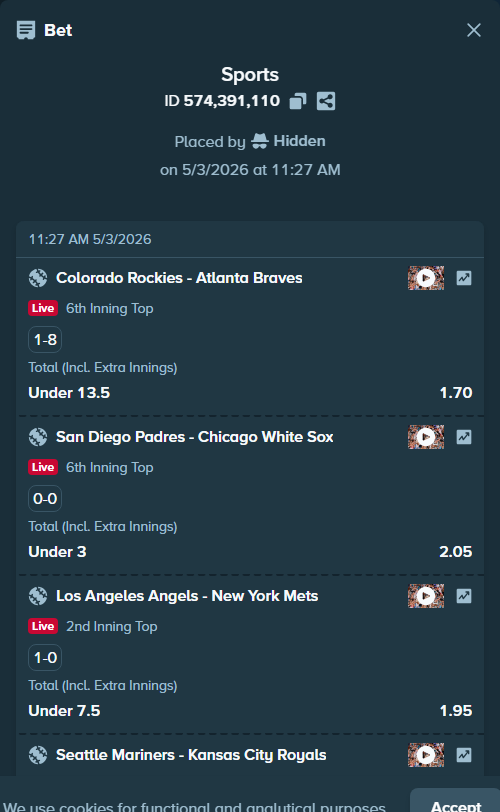 Bet slip: Colorado Rockies - Atlanta Braves, $18,216.95 stake at 1.70 odds, placed by Hidden