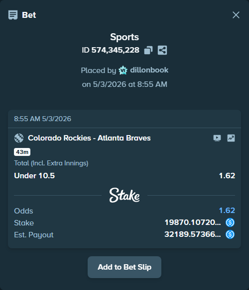 Bet slip: Colorado Rockies - Atlanta Braves, $19,870.11 stake at 1.62 odds, placed by dillonbook