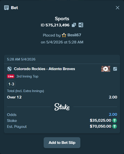 Bet slip: Colorado Rockies - Atlanta Braves, $35,025.00 stake at 2.00 odds, placed by Basil67