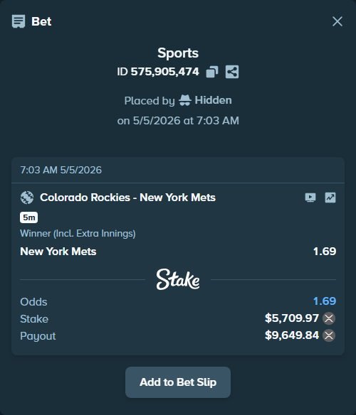 Bet slip: Colorado Rockies - New York Mets, $10,235.11 stake at 1.69 odds, placed by Hidden