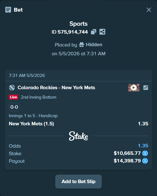 Bet slip: Colorado Rockies - New York Mets, $10,665.77 stake at 1.35 odds, placed by Hidden
