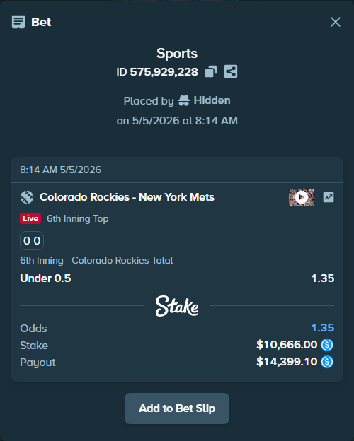 Bet slip: Colorado Rockies - New York Mets, $10,666.00 stake at 1.35 odds, placed by Hidden