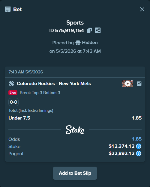 Bet slip: Colorado Rockies - New York Mets, $12,374.12 stake at 1.85 odds, placed by Hidden