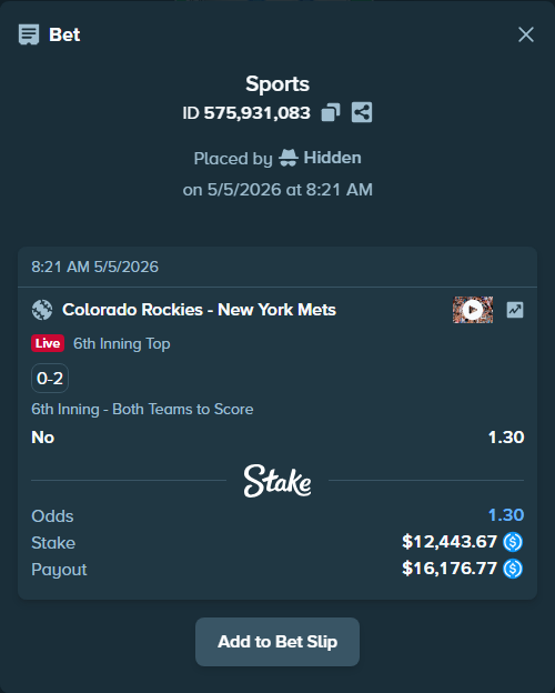 Bet slip: Colorado Rockies - New York Mets, $12,443.67 stake at 1.30 odds, placed by Hidden