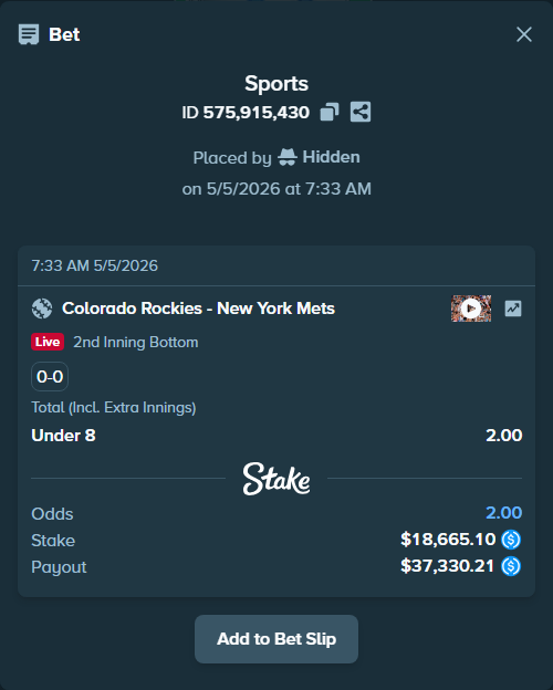 Bet slip: Colorado Rockies - New York Mets, $18,665.10 stake at 2.00 odds, placed by Hidden