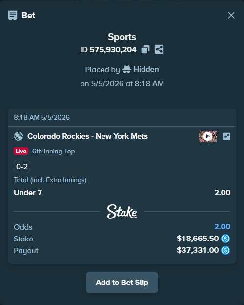 Bet slip: Colorado Rockies - New York Mets, $18,665.50 stake at 2.00 odds, placed by Hidden