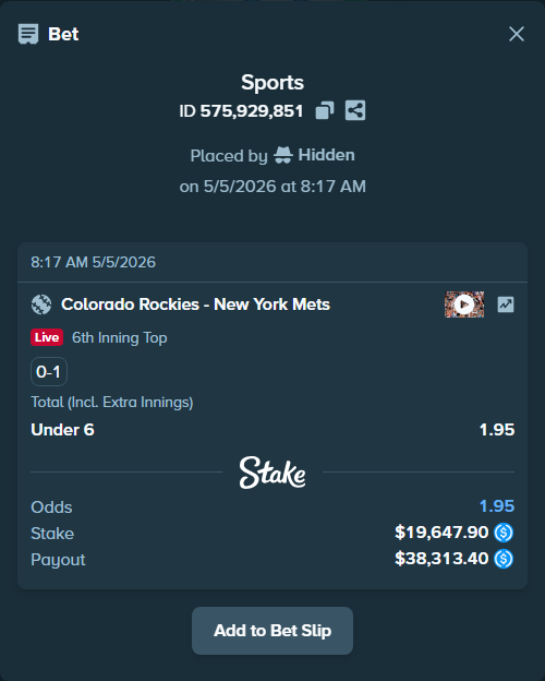 Bet slip: Colorado Rockies - New York Mets, $19,647.90 stake at 1.95 odds, placed by Hidden
