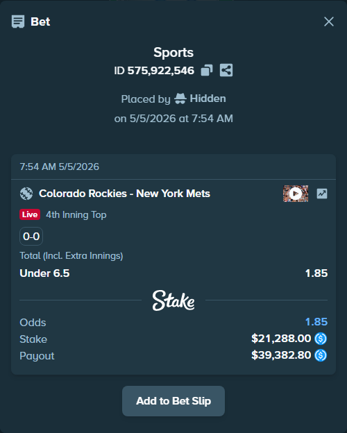 Bet slip: Colorado Rockies - New York Mets, $21,288.00 stake at 1.85 odds, placed by Hidden