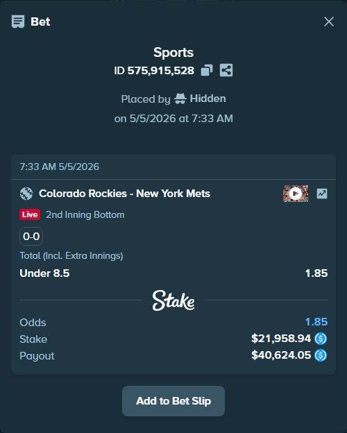 Bet slip: Colorado Rockies - New York Mets, $21,958.94 stake at 1.85 odds, placed by Hidden