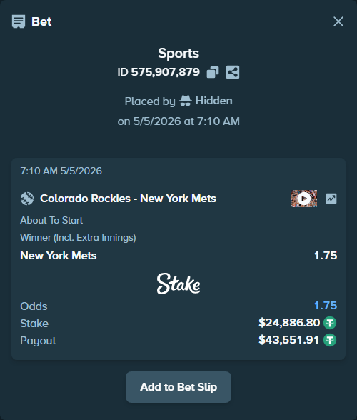 Bet slip: Colorado Rockies - New York Mets, $24,886.80 stake at 1.75 odds, placed by Hidden