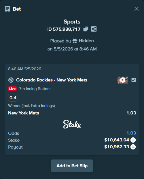 Bet slip: Colorado Rockies - New York Mets, $25,287.87 stake at 1.03 odds, placed by Hidden