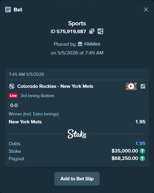 Bet slip: Colorado Rockies - New York Mets, $35,000.00 stake at 1.95 odds, placed by Hidden