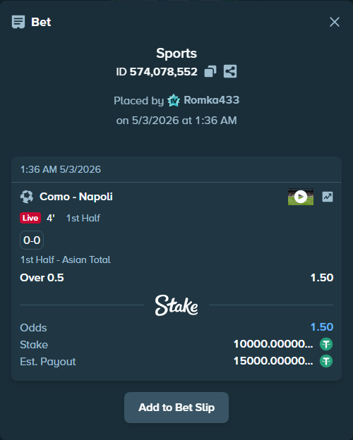 Bet slip: Como - Napoli, $10,000.00 stake at 1.50 odds, placed by Romka433