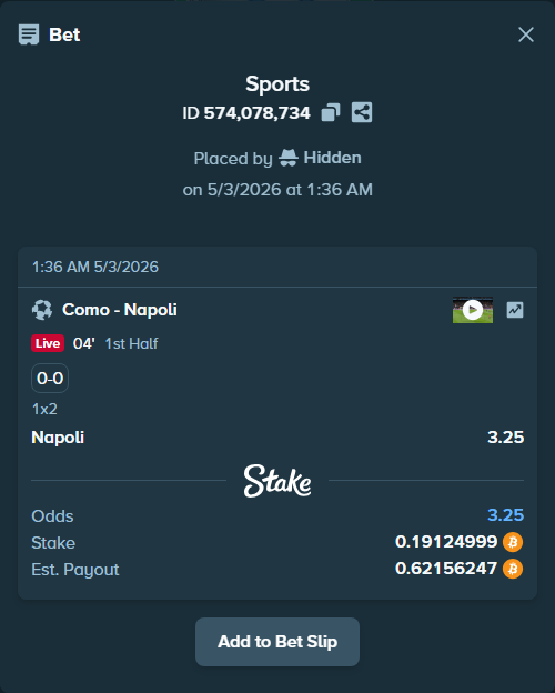 Bet slip: Como - Napoli, $13,387.50 stake at 3.25 odds, placed by Hidden
