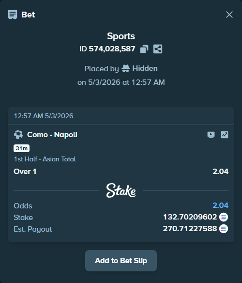 Bet slip: Como - Napoli, $26,540.42 stake at 2.04 odds, placed by Hidden