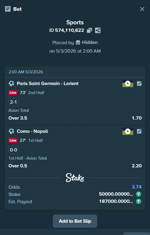 Bet slip: Como - Napoli, $50,000.00 stake at 2.20 odds, placed by Hidden