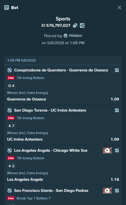 Bet slip: Conspiradores de Queretaro - Guerreros de Oaxaca, $11,559.80 stake at 1.09 odds, placed by Hidden