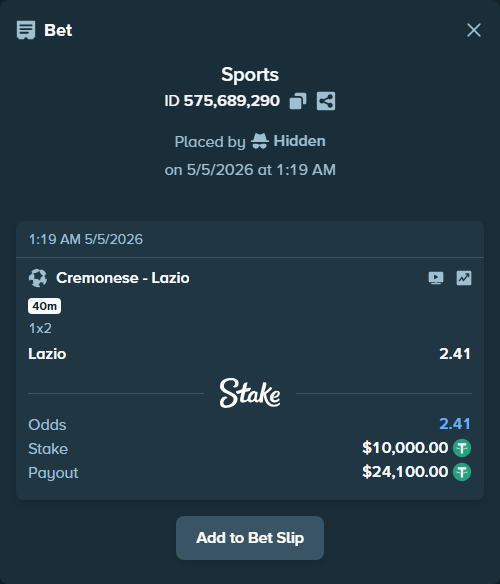 Bet slip: Cremonese - Lazio, $10,000.00 stake at 2.41 odds, placed by Hidden