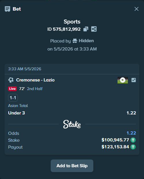 Bet slip: Cremonese - Lazio, $100,945.77 stake at 1.22 odds, placed by Hidden