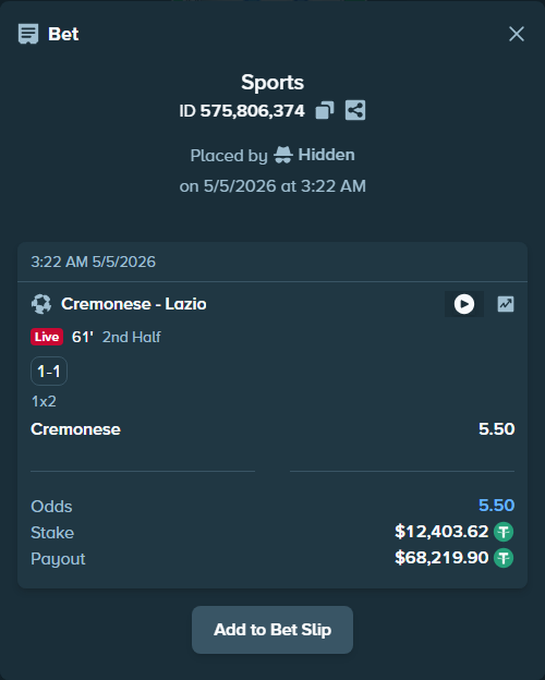 Bet slip: Cremonese - Lazio, $12,403.62 stake at 5.50 odds, placed by ArdianHertica