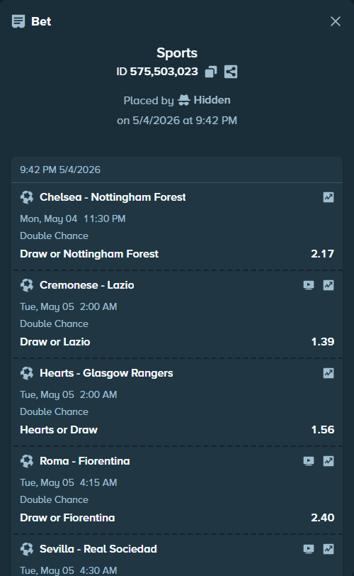 Bet slip: Cremonese - Lazio, $12,893.00 stake at 1.39 odds, placed by Hidden