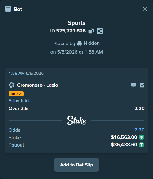 Bet slip: Cremonese - Lazio, $16,563.00 stake at 2.20 odds, placed by Hidden