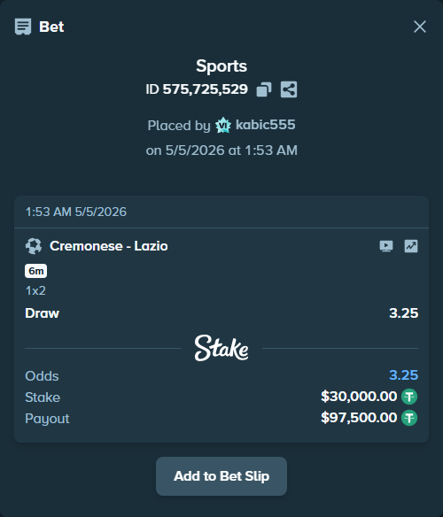 Bet slip: Cremonese - Lazio, $30,000.00 stake at 3.25 odds, placed by kabic555