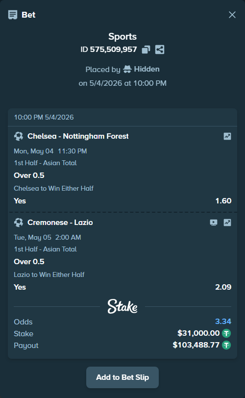 Bet slip: Cremonese - Lazio, $31,000.00 stake at 1.46 odds, placed by Hidden
