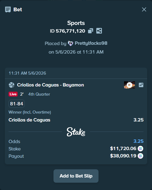 Bet slip: Criollos de Caguas - Vaqueros de Bayamon, $26,956.14 stake at 3.25 odds, placed by Prettylfacko98