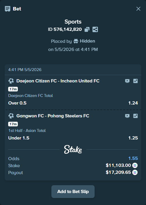 Bet slip: Daejeon Citizen FC - Incheon United FC, $26,180.87 stake at 1.24 odds, placed by Hidden