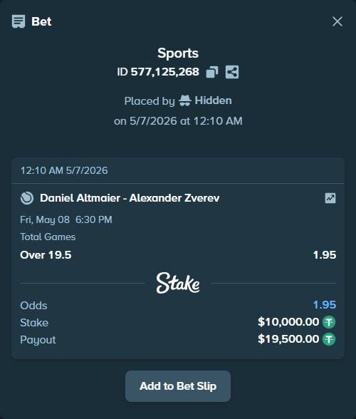 Bet slip: Daniel Altmaier - Alexander Zverev, $10,000.00 stake at 1.95 odds, placed by Hidden