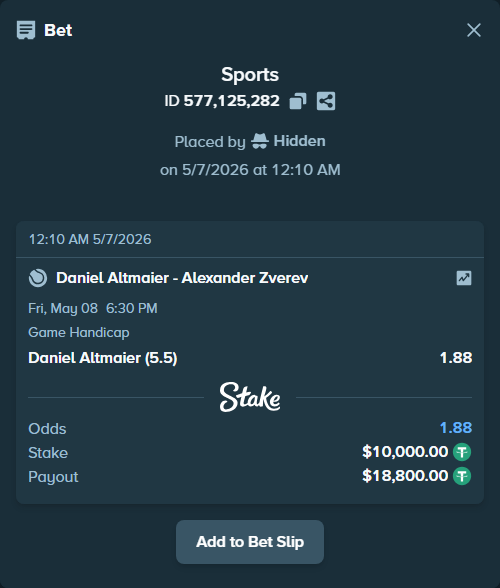 Bet slip: Daniel Altmaier - Alexander Zverev, $10,000.00 stake at 1.88 odds, placed by Hidden