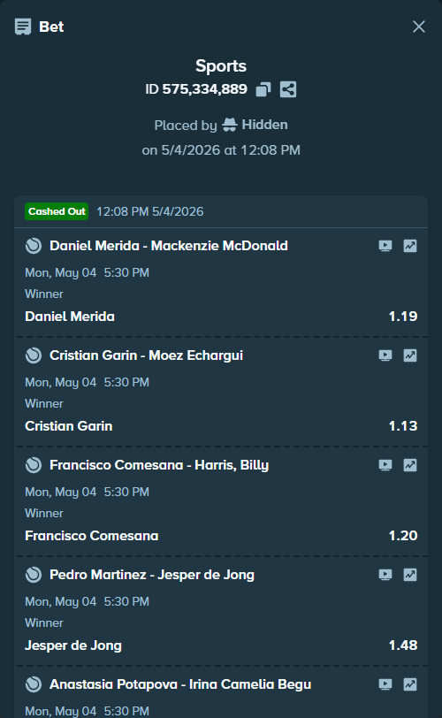 Bet slip: Daniel Merida - Mackenzie McDonald, $10,000.00 stake at 1.19 odds, placed by Hidden