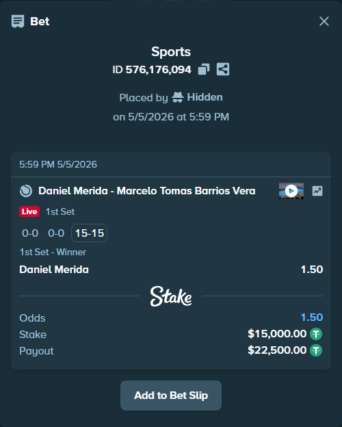 Bet slip: Daniel Merida - Marcelo Tomas Barrios Vera, $15,000.00 stake at 1.50 odds, placed by Hidden