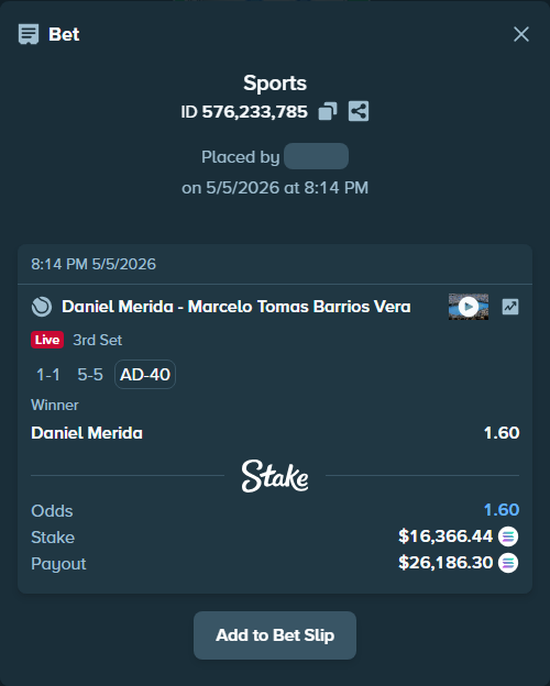 Bet slip: Daniel Merida - Marcelo Tomas Barrios Vera, $38,624.80 stake at 1.60 odds, placed by Prettylfacko98