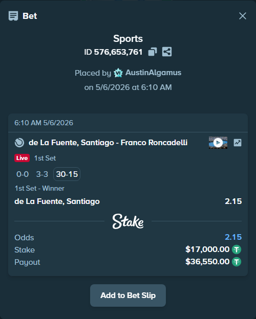Bet slip: De la Fuente, Santiago - Franco Roncadelli, $17,000.00 stake at 2.15 odds, placed by AustinAlgamus
