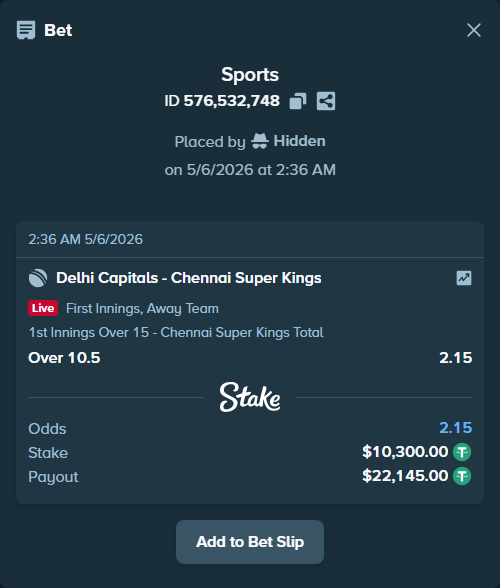 Bet slip: Delhi Capitals - Chennai Super Kings, $10,300.00 stake at 2.15 odds, placed by Hidden