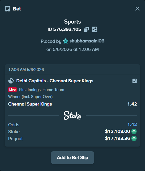 Bet slip: Delhi Capitals - Chennai Super Kings, $12,108.00 stake at 1.42 odds, placed by shubhamsaini06