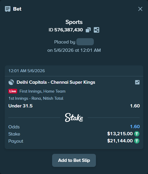 Bet slip: Delhi Capitals - Chennai Super Kings, $13,215.00 stake at 1.60 odds, placed by Rezaul1098