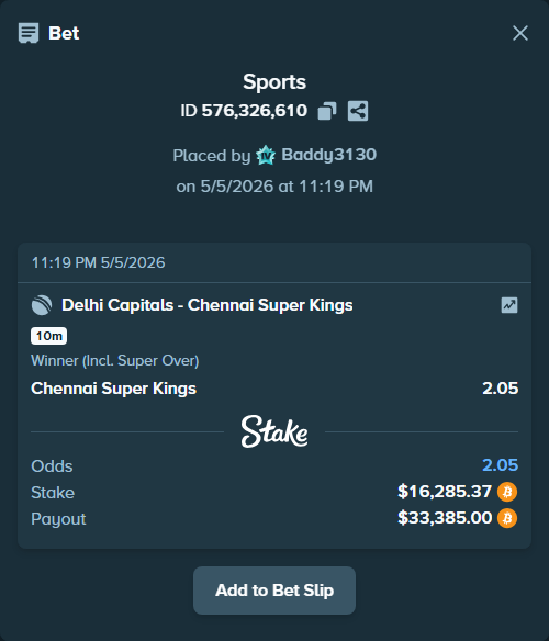 Bet slip: Delhi Capitals - Chennai Super Kings, $13,998.90 stake at 2.05 odds, placed by Baddy3130